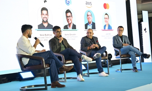 Varun Budhiraja, Data Collaboration Platform Lead, APAC, AppsFlyer; Azahar Zainuddin, Associate Vice President, AdTech, GCash; Naveen Asrani, Head - Strategic Product & Revenue Growth, AWS; Justin Keh, Director, Channel Partnerships APAC, Mastercard - discussing data collaboration and ecosystem partnerships in BFSI